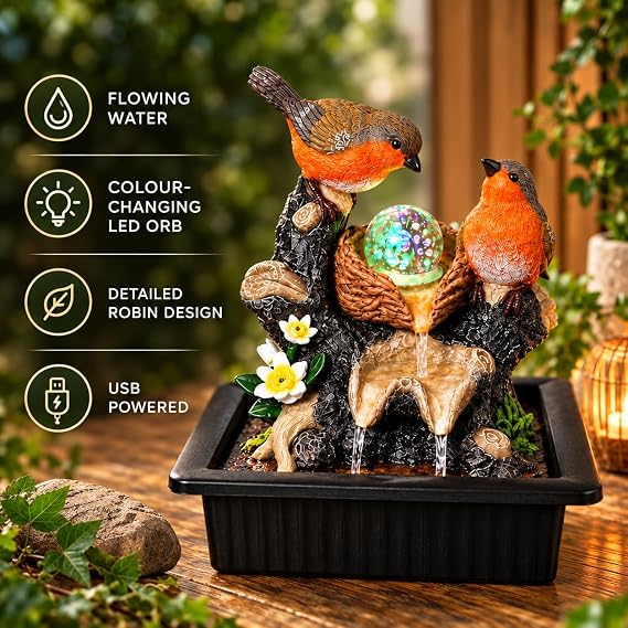 Robins Tabletop Water Fountain with Spinning LED Glass Ball