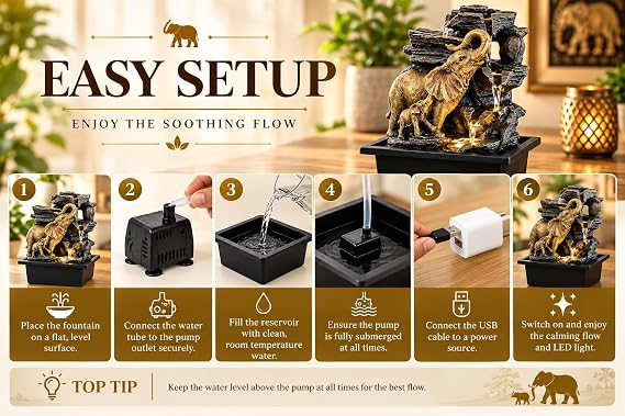 Elephant Fortuna Tabletop Water Fountain with LED Light