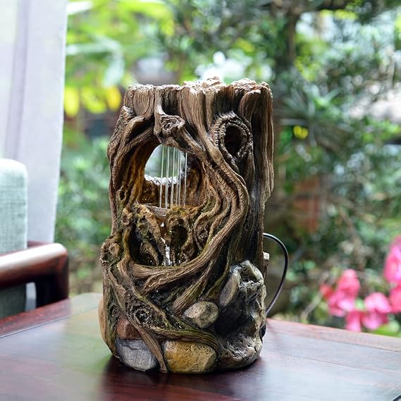 Indoor Stump Water Fountain with Yellow LED Lights