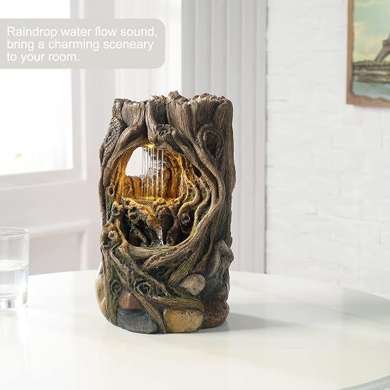Indoor Stump Water Fountain with Yellow LED Lights