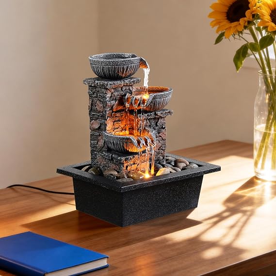Tabletop 3-Bowl Water Fountain with LED Lights