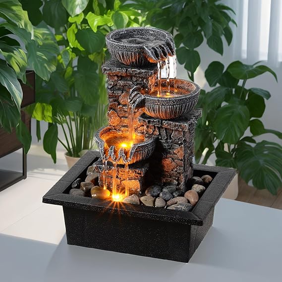 Tabletop 3-Bowl Water Fountain with LED Lights