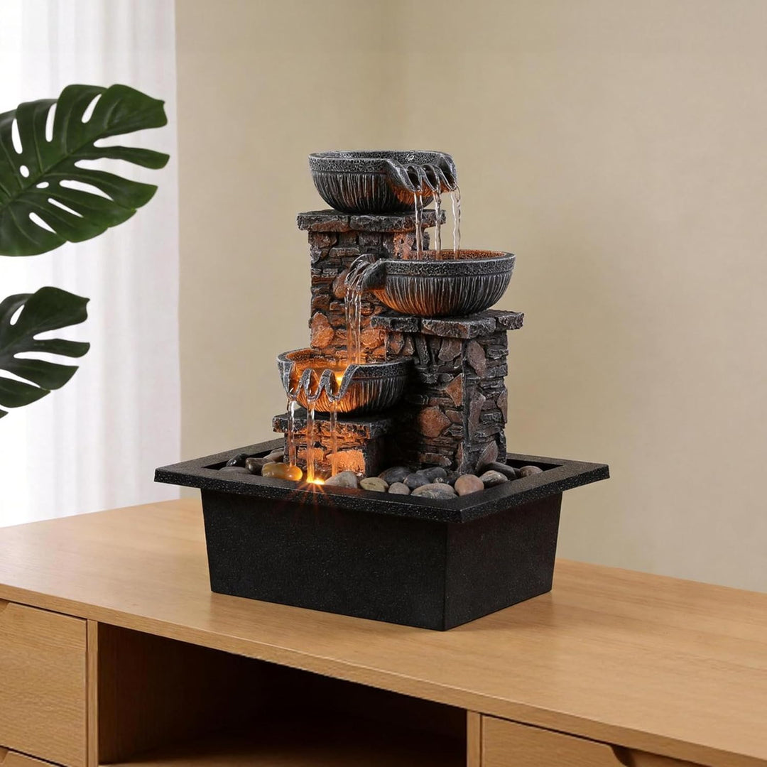 Tabletop 3-Bowl Water Fountain with LED Lights