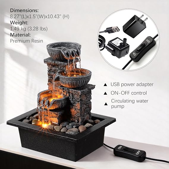 Tabletop 3-Bowl Water Fountain with LED Lights