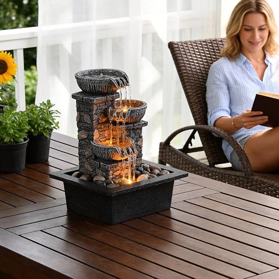 Tabletop 3-Bowl Water Fountain with LED Lights