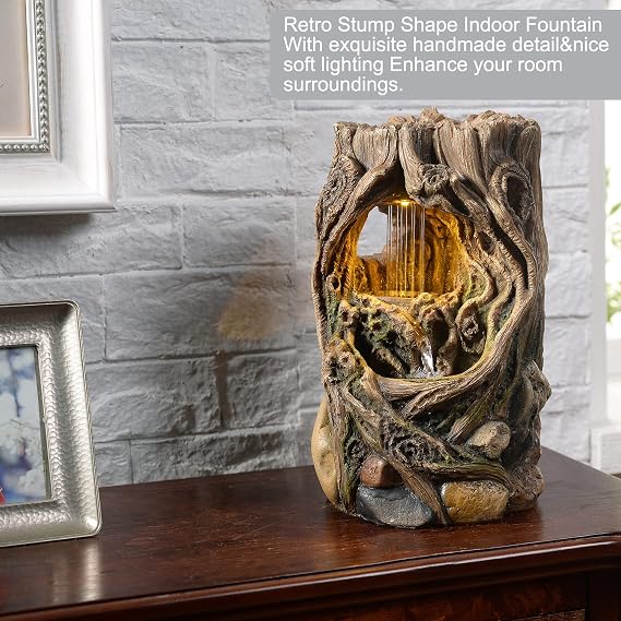 Indoor Stump Water Fountain with Yellow LED Lights