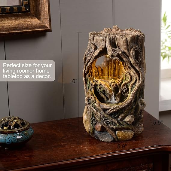 Indoor Stump Water Fountain with Yellow LED Lights